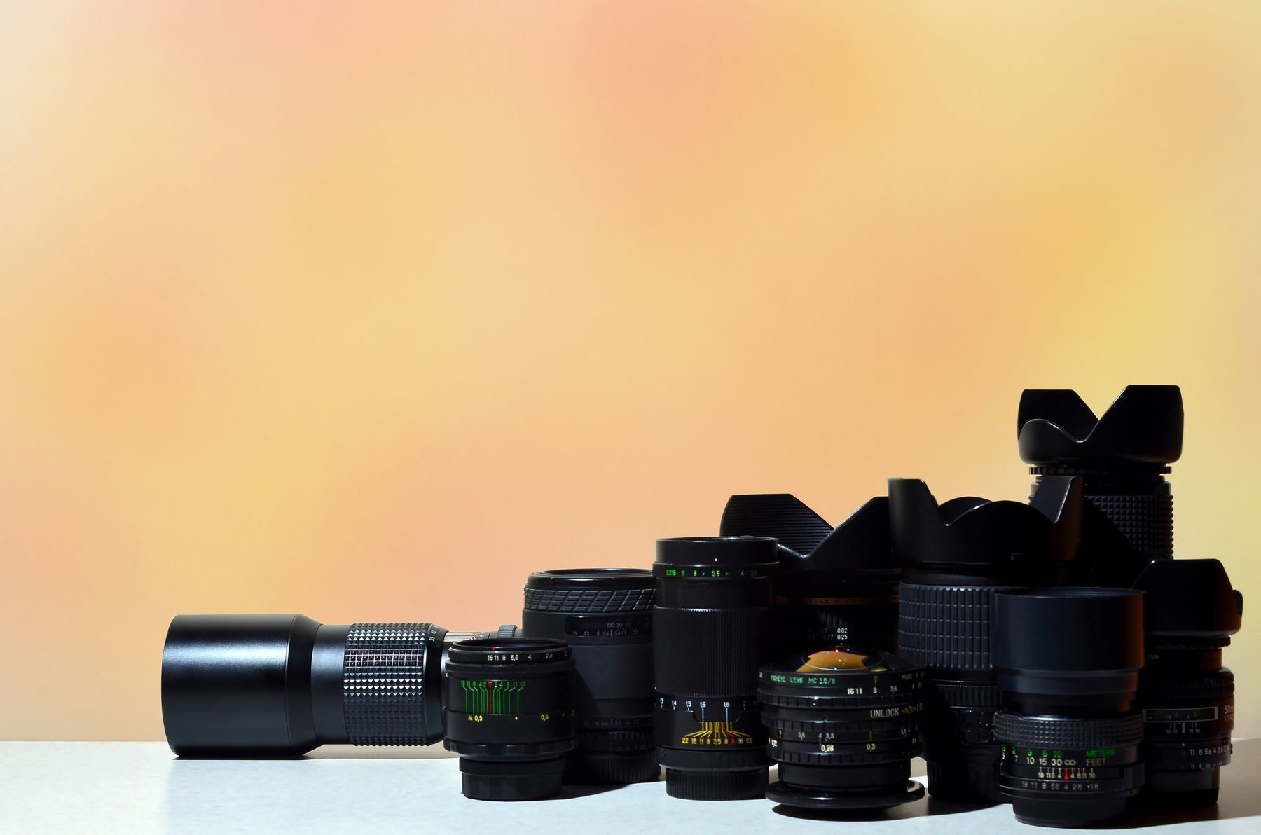 A row of camera lenses
